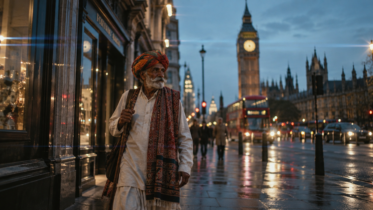 make a image of Indian old Rajasthani man walking in london street,  use camera lens :anamorphic, 35mm, 1.4 Aperature ,