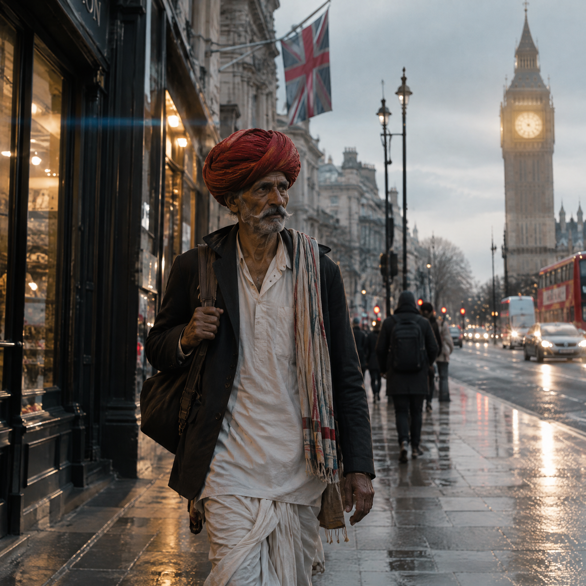 make a image of Indian old Rajasthani man walking in london street,  use camera lens :anamorphic, 35mm, 1.4 Aperature , make it hyper realistic, with proper skin details