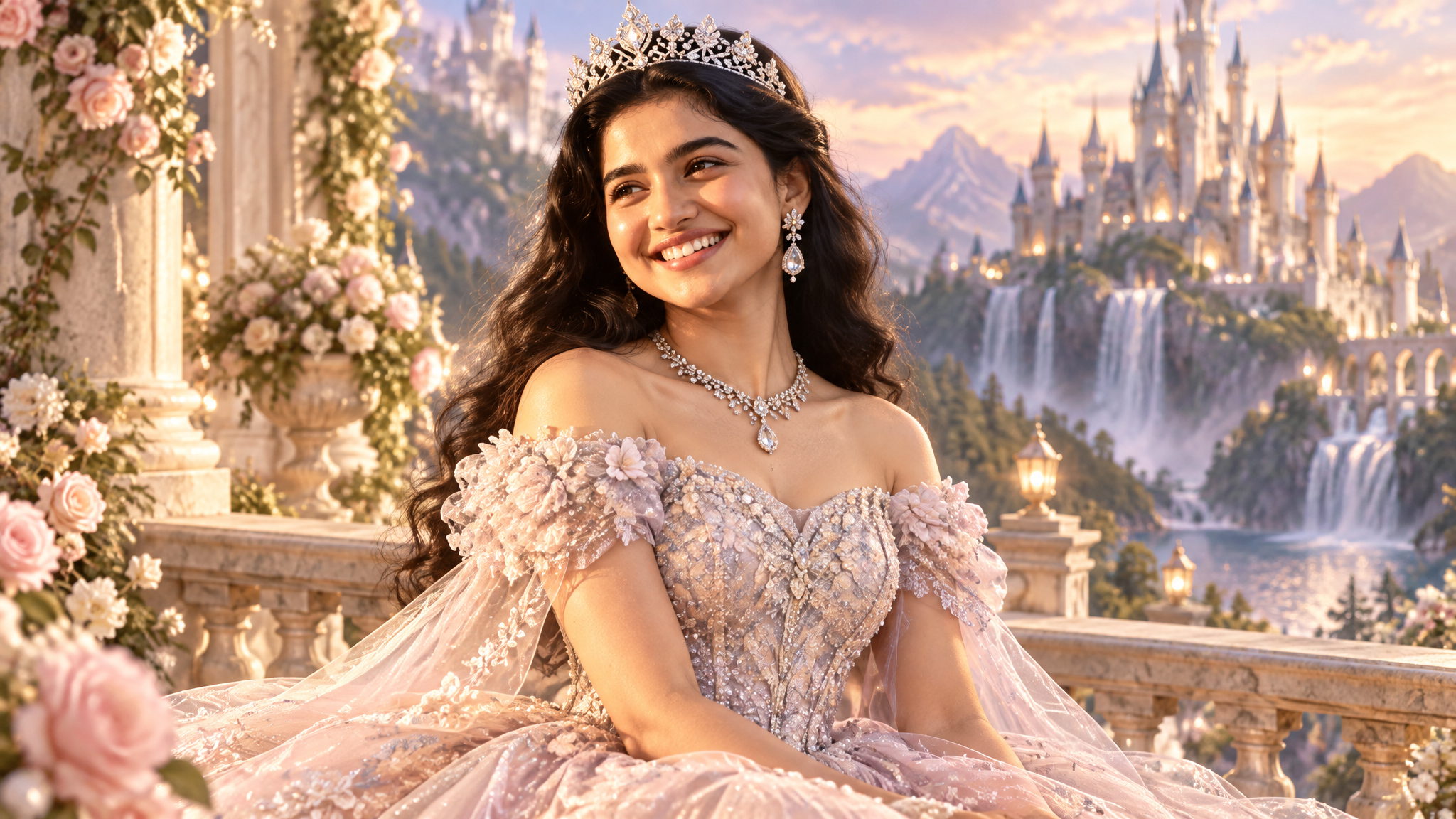 add this girl in fantasy land, outfit in princess look with diamond crown and gown 